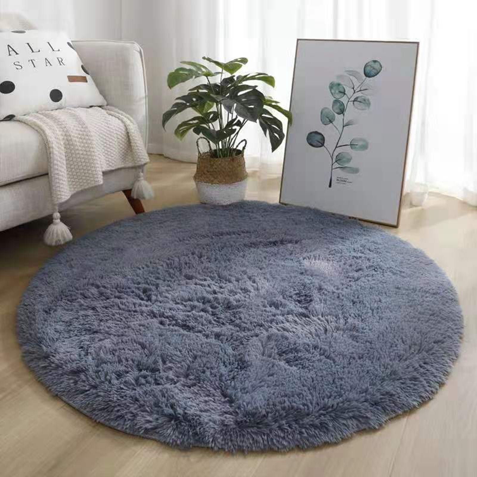 Floor Carpet Polyester Fiber Round Nordic Style Long Plush Soft Shaggy Rug for Home Bedroom Grey - view 7