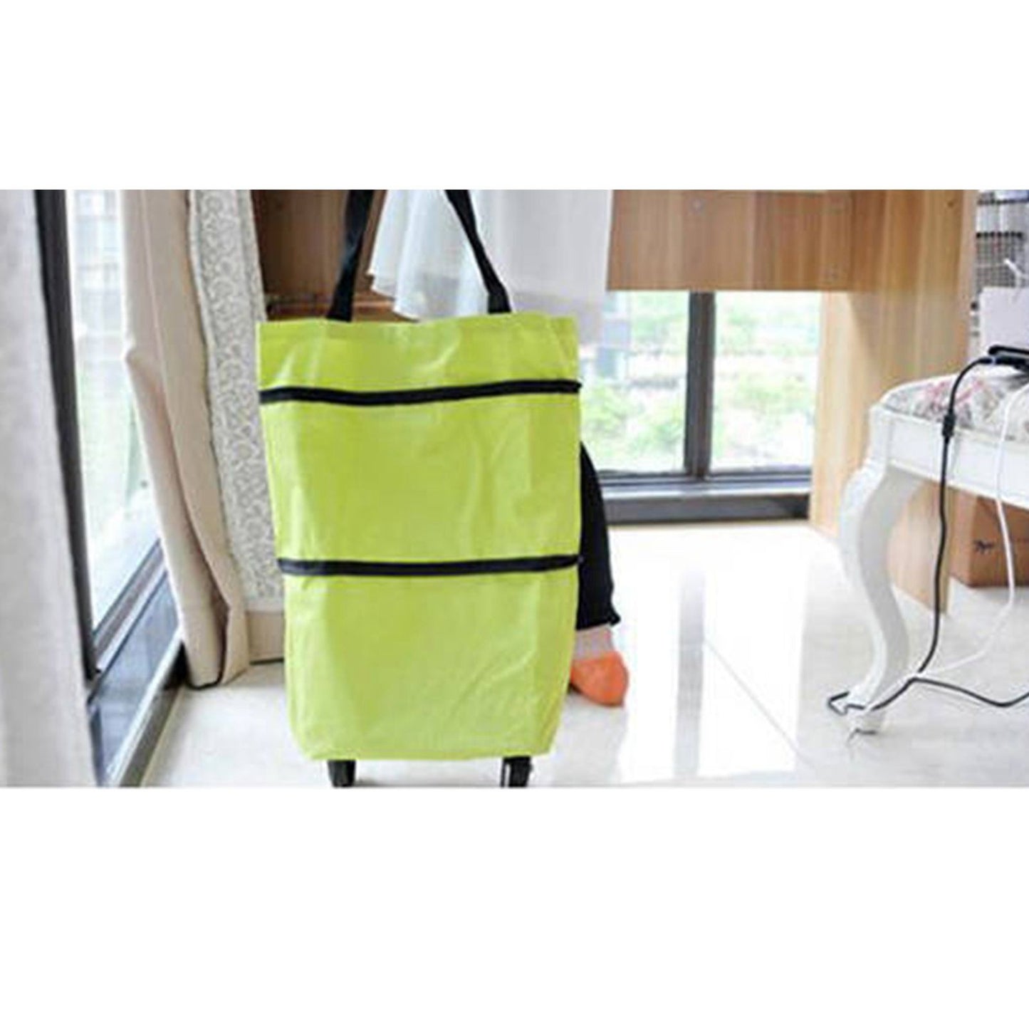 Green Foldable Shopping Bag with Wheels Pure Color Expandable Oxford Cloth Wheeled Foldable Grocery Cart Bag - view 6