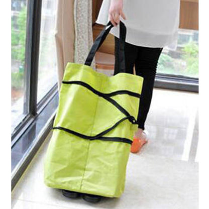 Green Foldable Shopping Bag with Wheels Pure Color Expandable Oxford Cloth Wheeled Foldable Grocery Cart Bag - view 7