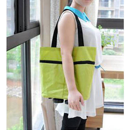 Green Foldable Shopping Bag with Wheels Pure Color Expandable Oxford Cloth Wheeled Foldable Grocery Cart Bag - view 8