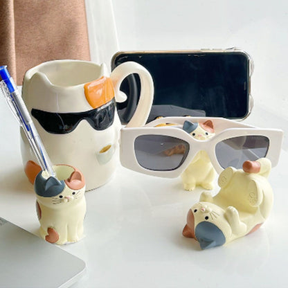 Cat Ornament Multifunctional Phone Tablet Glasses Pen Holder Desk Decoration for Home Squat Tri Colored Cat - view 9