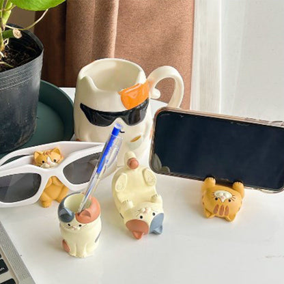 Cat Ornament Multifunctional Phone Tablet Glasses Pen Holder Desk Decoration for Home Squat Tri Colored Cat - view 10