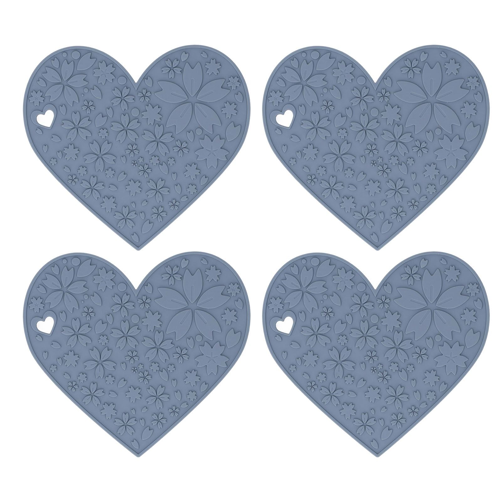 4PCS Silicone Placemats Heart Shaped Non Slip Waterproof Heat Resistant Washable Dinning Table Mat for Pet Feeding Kitchen Sink Grey