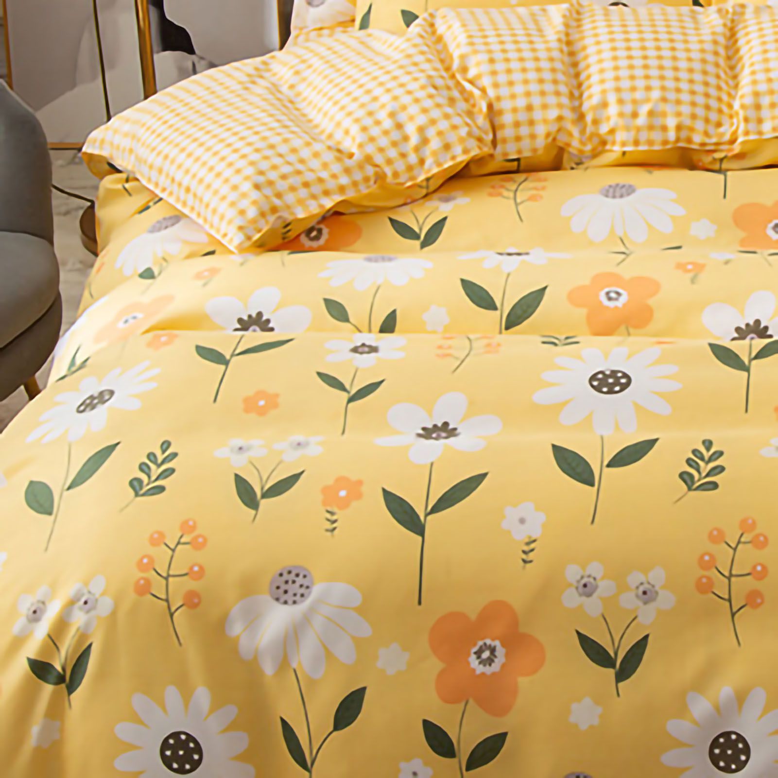 Skin Friendly Quilt Cover Thickened Polyester Soft Brushed Duvet Cover Quilt Bedding for Dormitory Bedroom Yellow Flowers 180x220cm - view 3