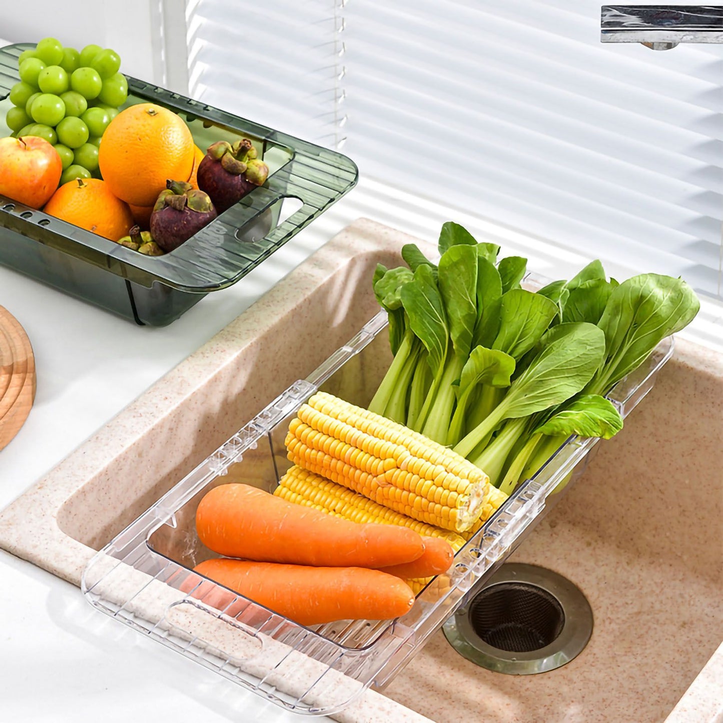 Over The Sink Strainer Retractable Design Transparent Fast Draining Durable PET Sink Colander Transparent Strainer with Retractable Design - view 2
