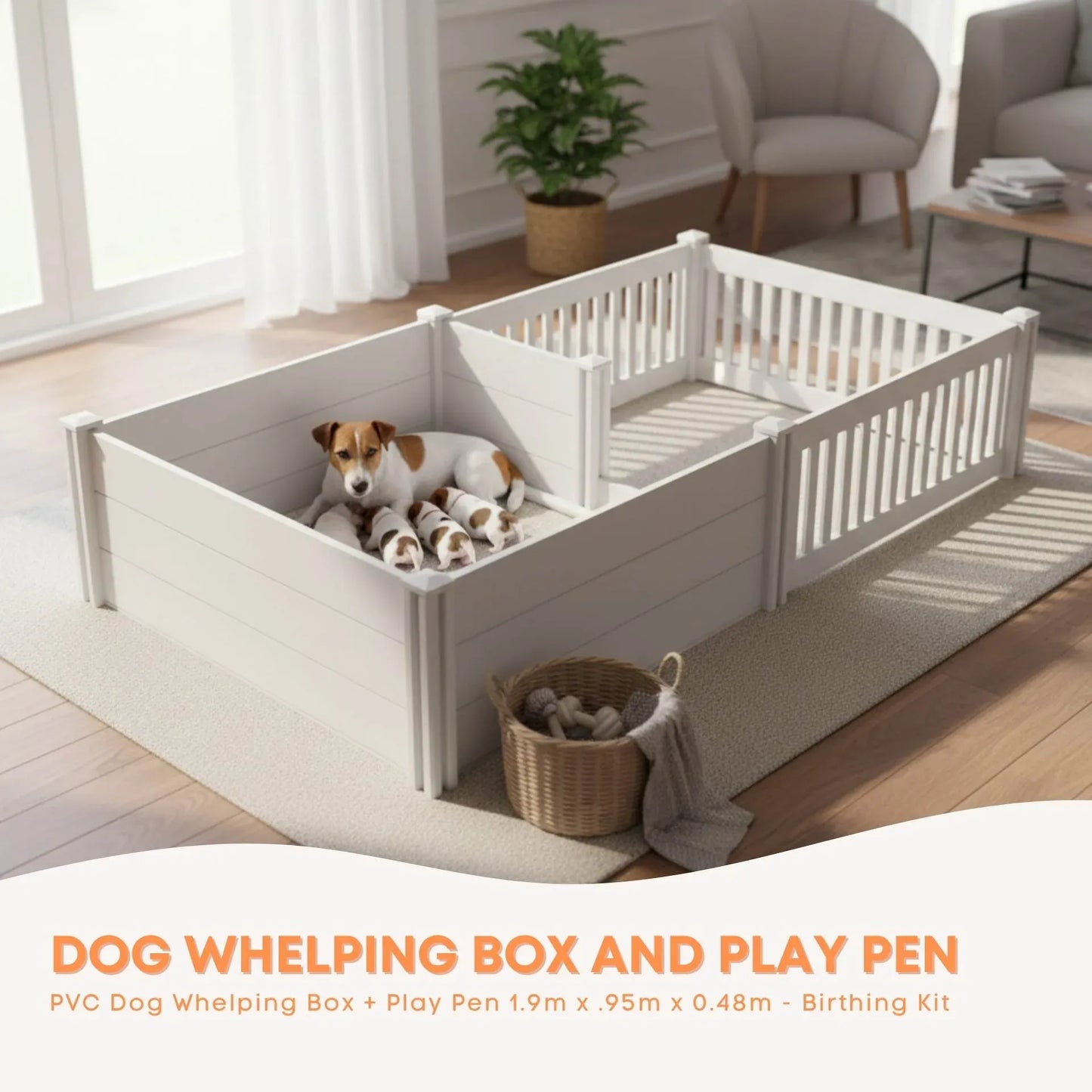 Rooster Farms 1.9m x 0.95m PVC Dog Whelping Box + Playpen Kit - Anti-Crush Rail - view 2