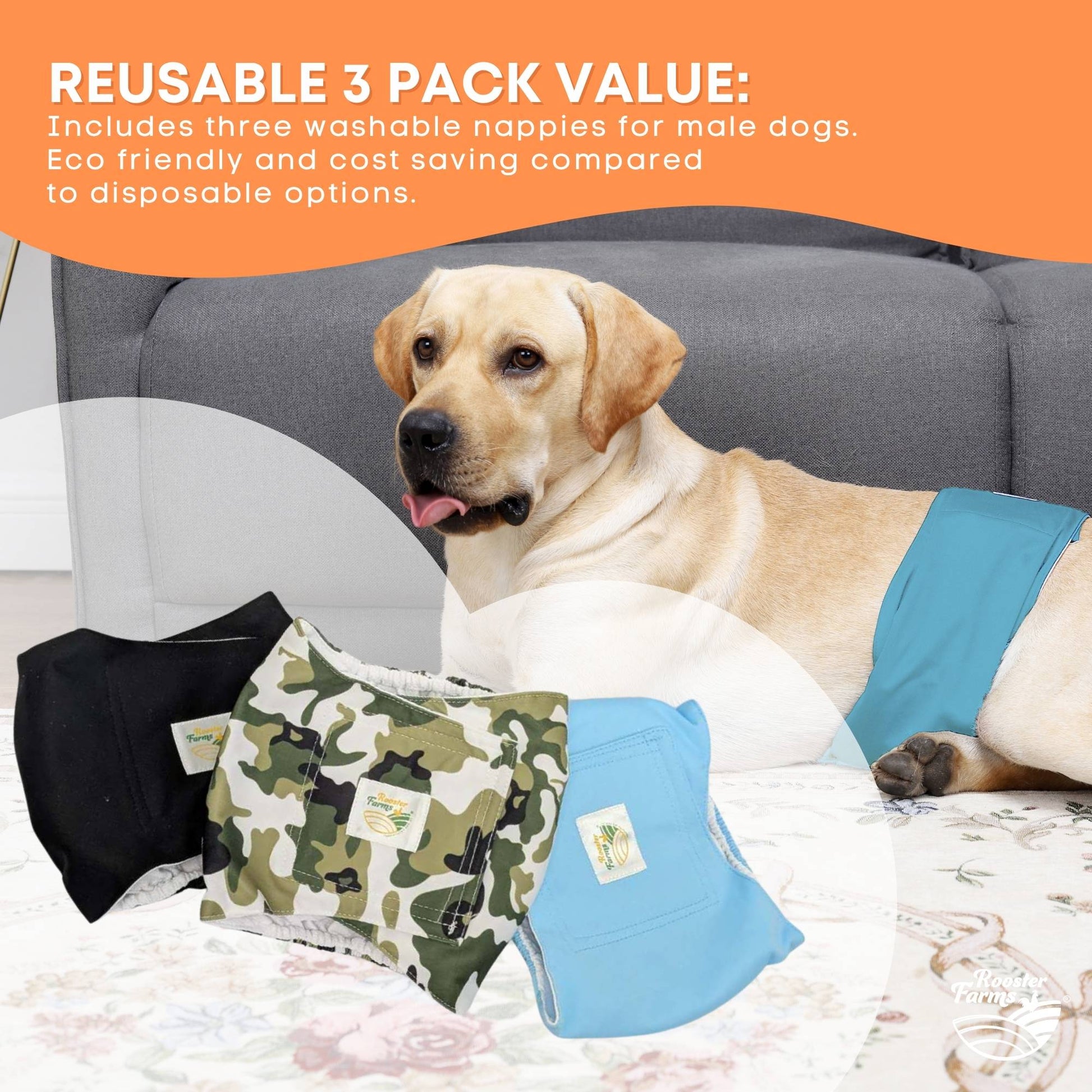 Rooster Farms Male Dog Diapers Medium 3Pk - Washable Reusable Nappies Hook/Loop - view 3