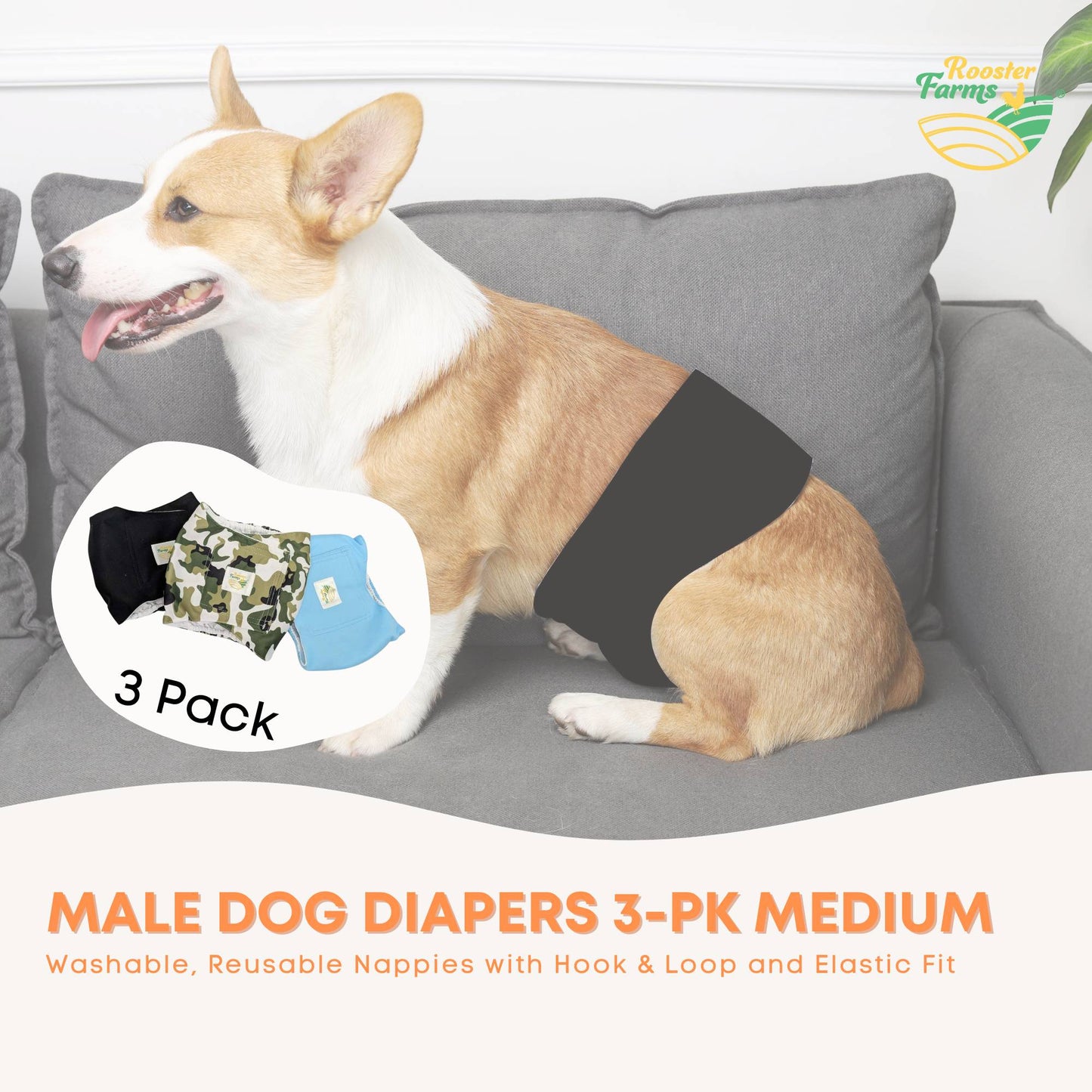 Rooster Farms Male Dog Diapers Medium 3Pk - Washable Reusable Nappies Hook/Loop - view 4