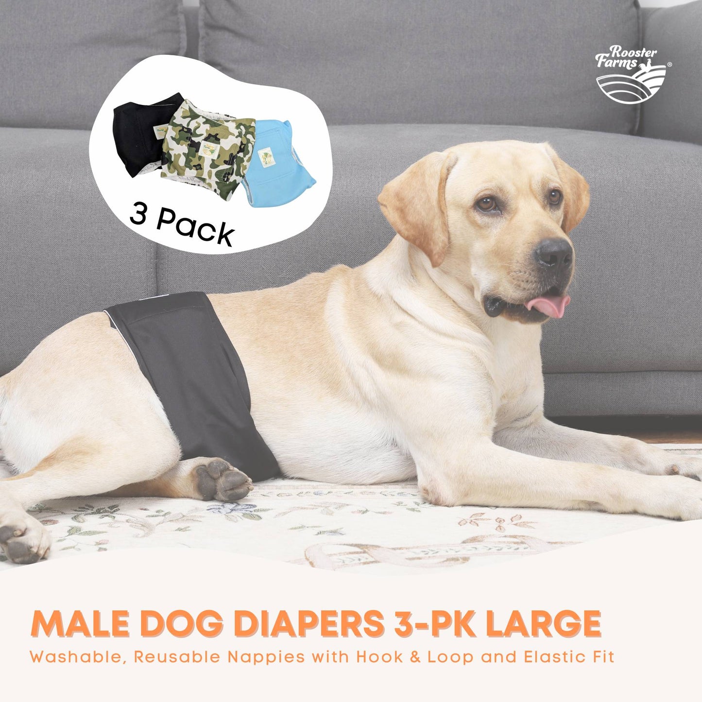 Rooster Farms Male Dog Diapers Large 3Pk - Washable Reusable Nappies Hook/Loop - view 3