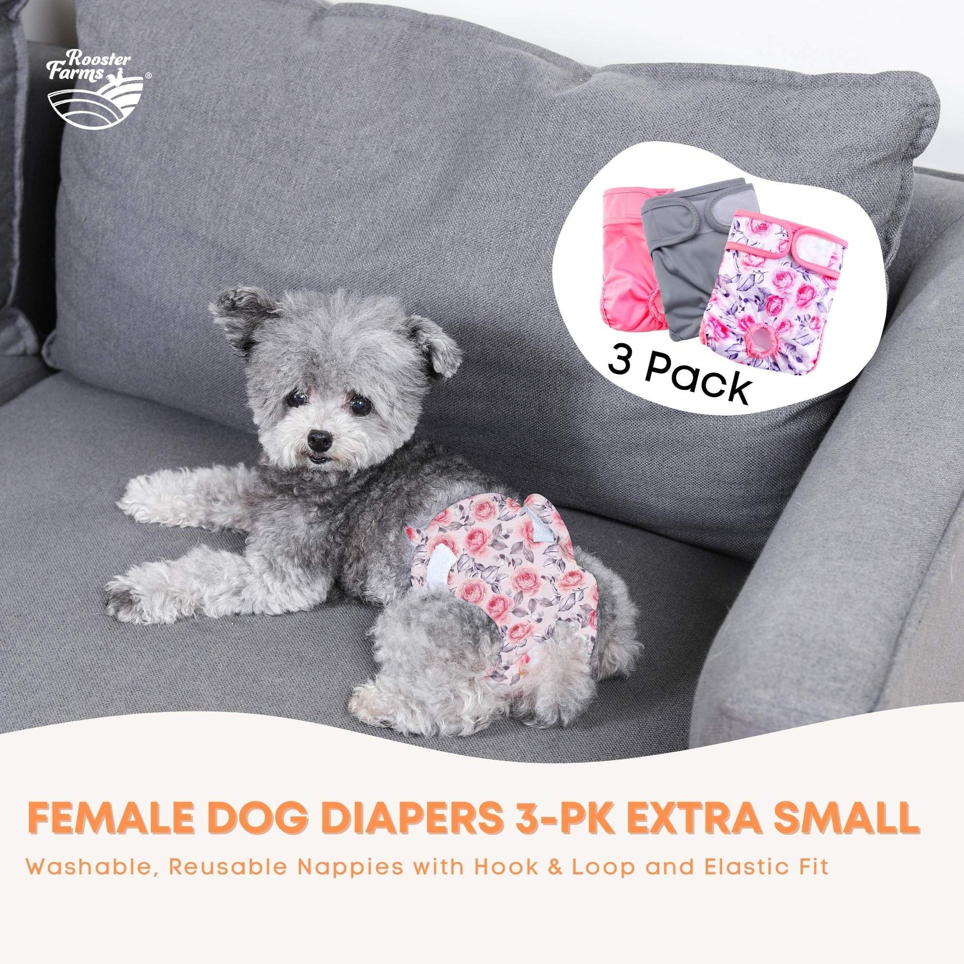 Rooster Farms Female Dog Diapers XSmall 3Pk - Washable Reusable Nappy Hook/Loop - view 2