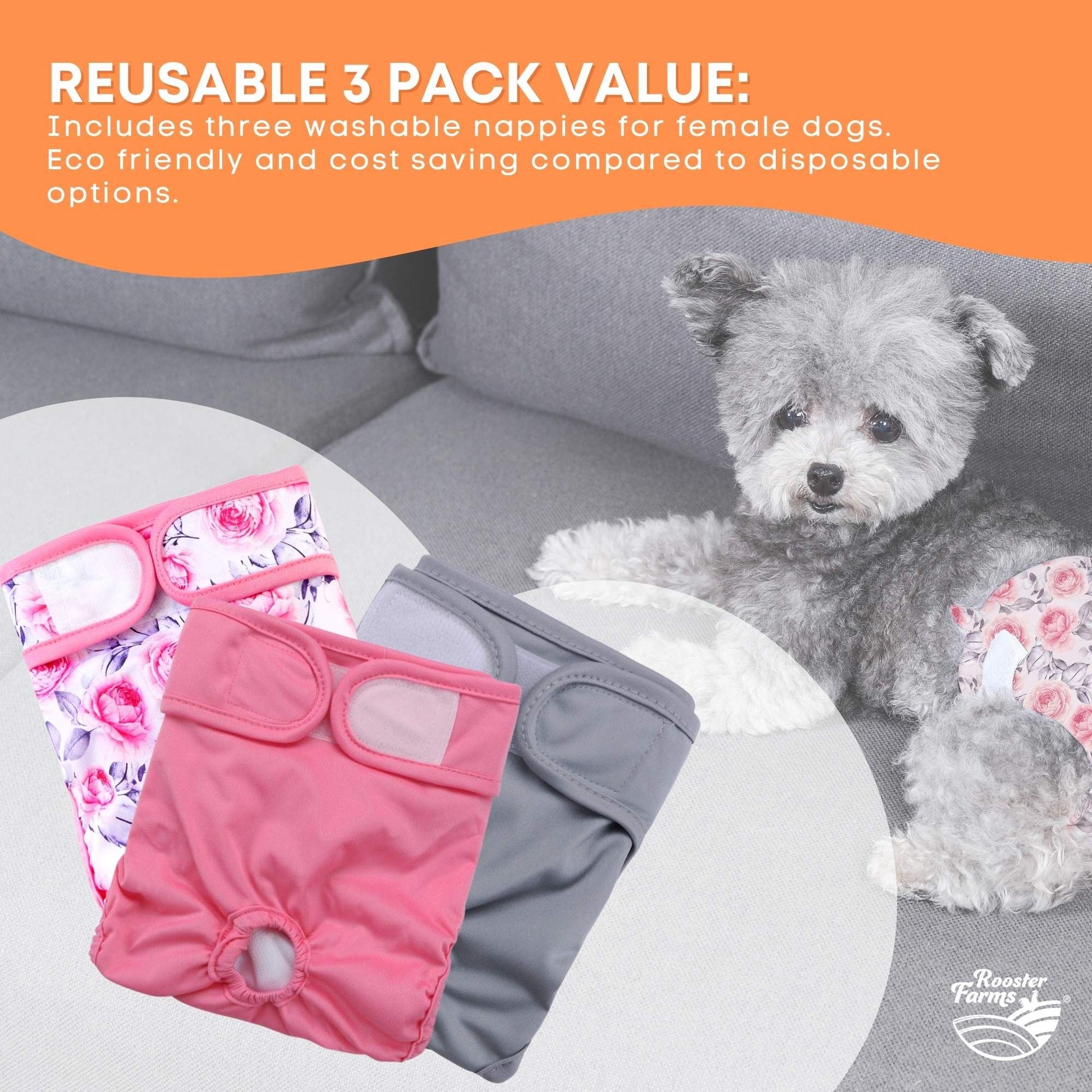 Rooster Farms Female Dog Diapers Small 3Pk - Washable Reusable Nappies Hook/Loop - view 4