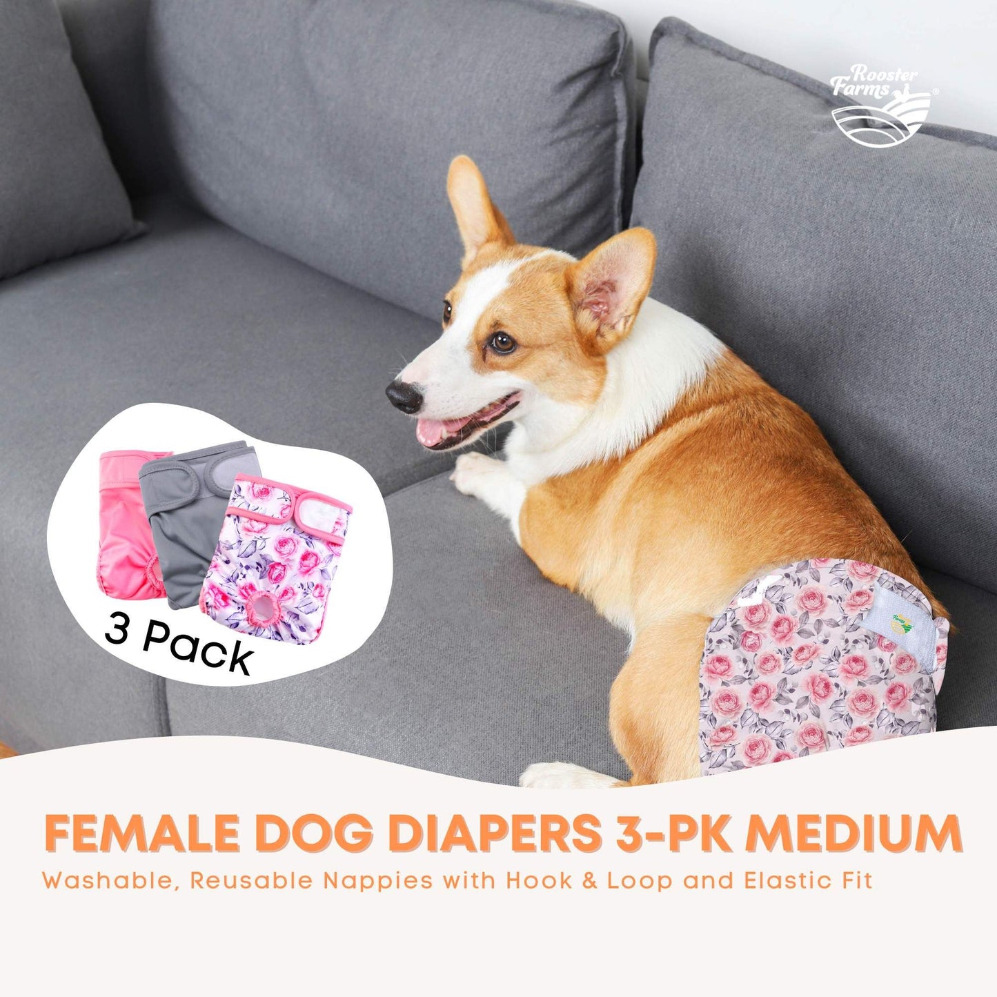Rooster Farms Female Dog Diapers Medium 3Pk - Washable Reusable Nappy Hook/Loop - view 2