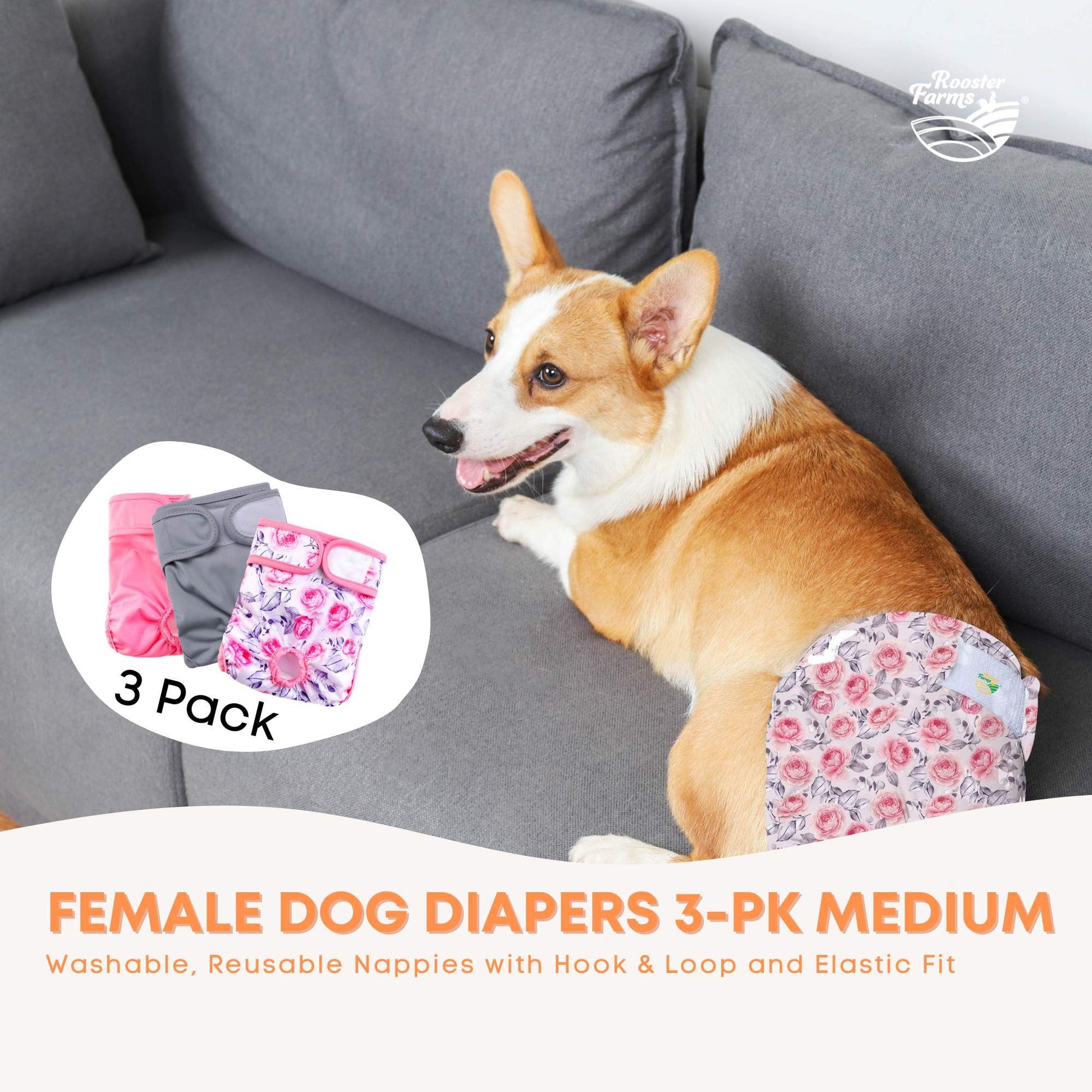 Rooster Farms Female Dog Diapers Medium 3Pk - Washable Reusable Nappy Hook/Loop - view 2