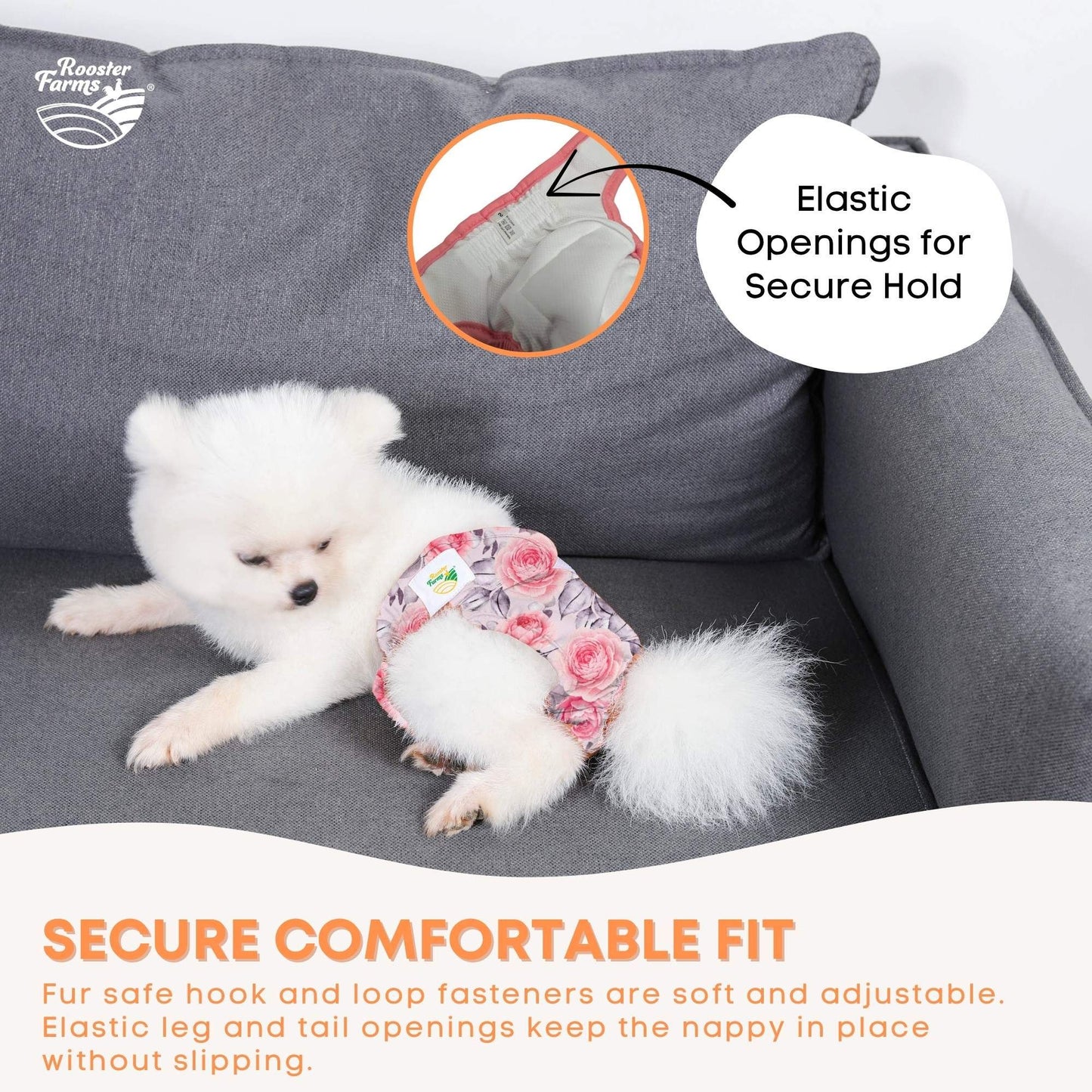 Rooster Farms Female Dog Diapers Medium 3Pk - Washable Reusable Nappy Hook/Loop - view 3