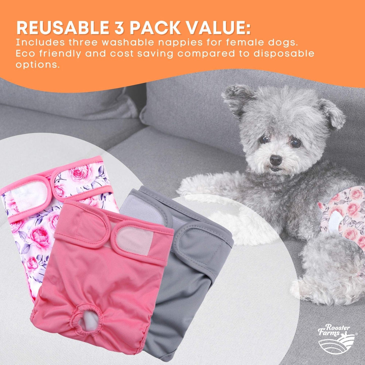 Rooster Farms Female Dog Diapers Medium 3Pk - Washable Reusable Nappy Hook/Loop - view 4