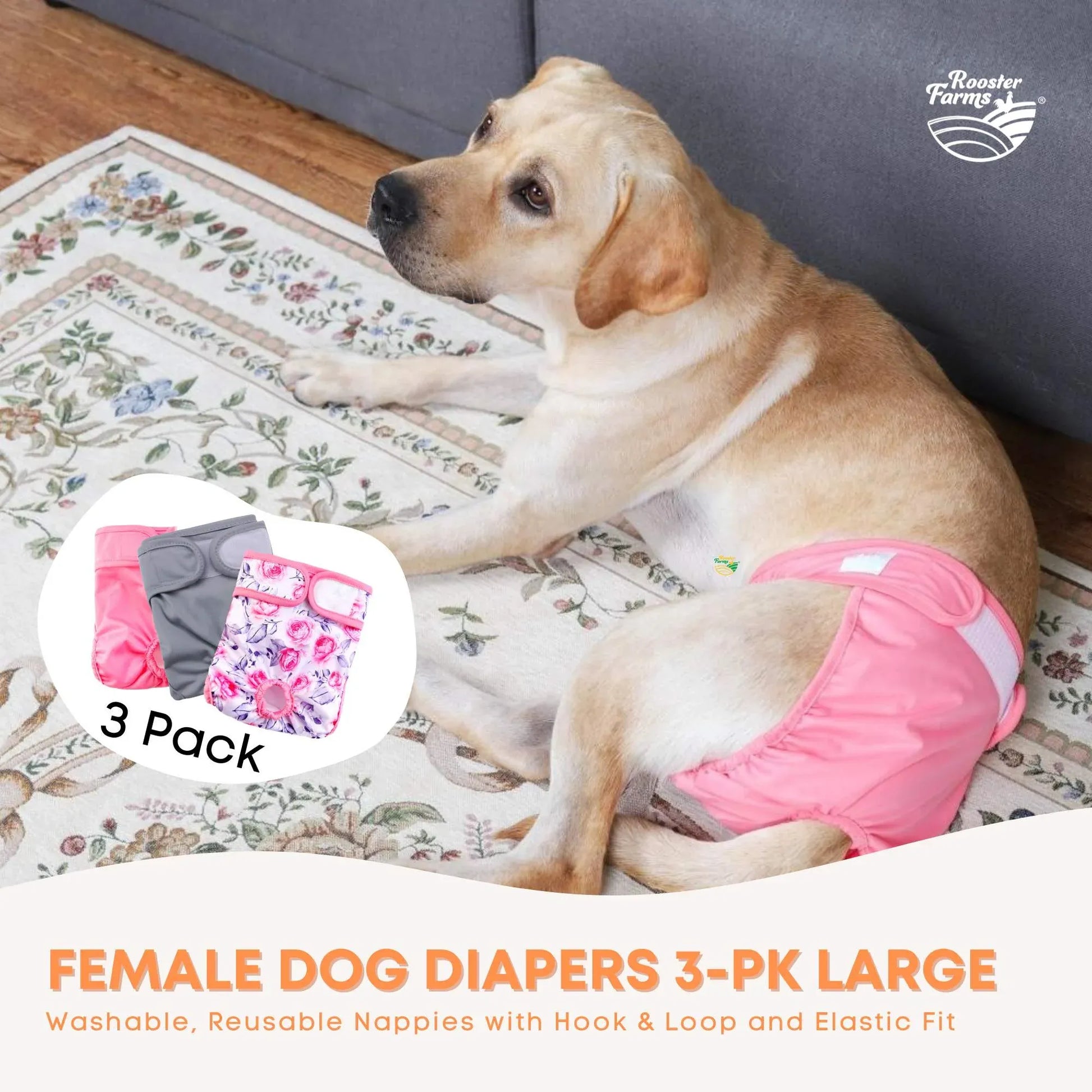 Rooster Farms Female Dog Diapers Large 3Pk - Washable Reusable Nappies Hook/Loop - view 2