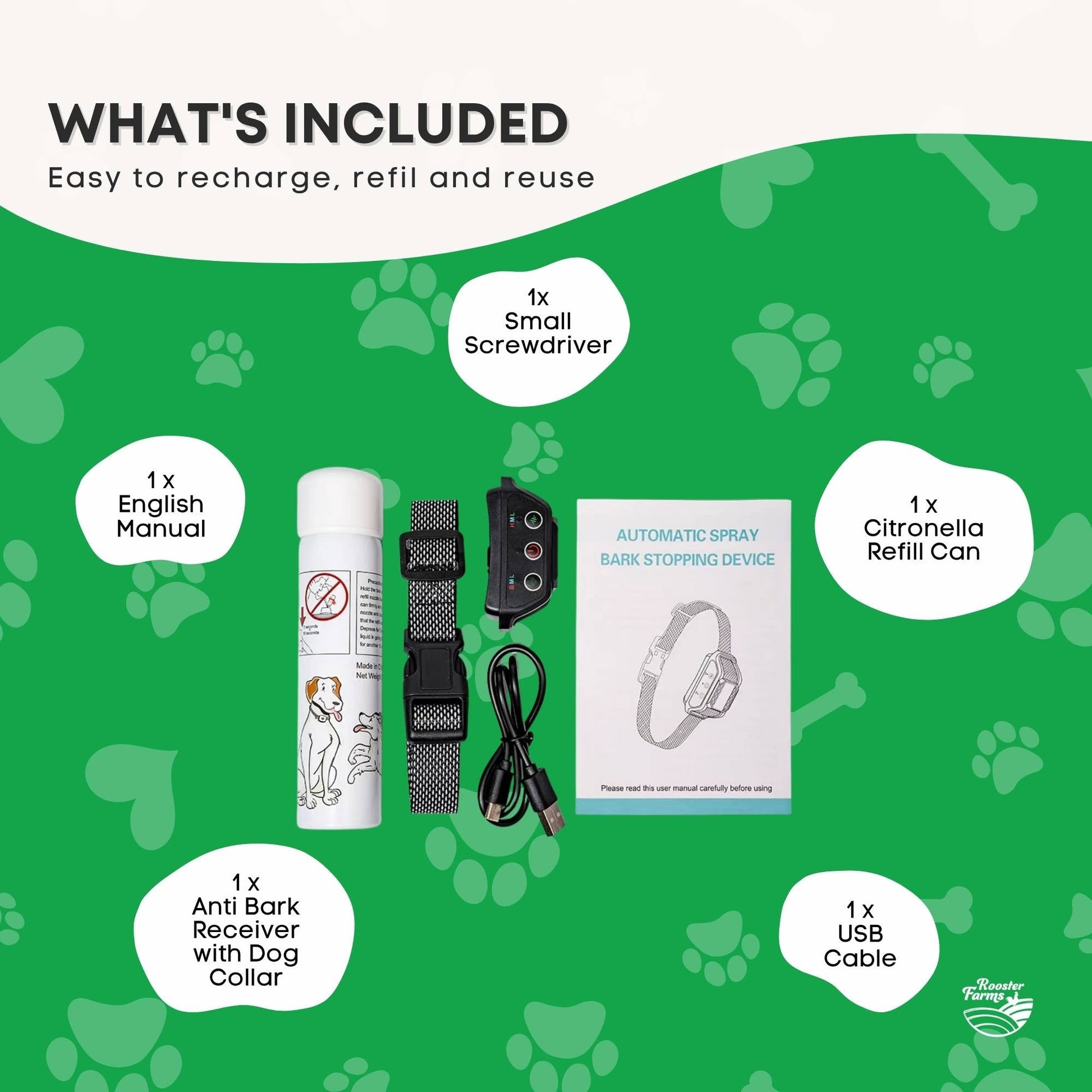 Rooster Farms Dog Bark Training Collar Citronella + Sound Rechargeable Automatic - view 9