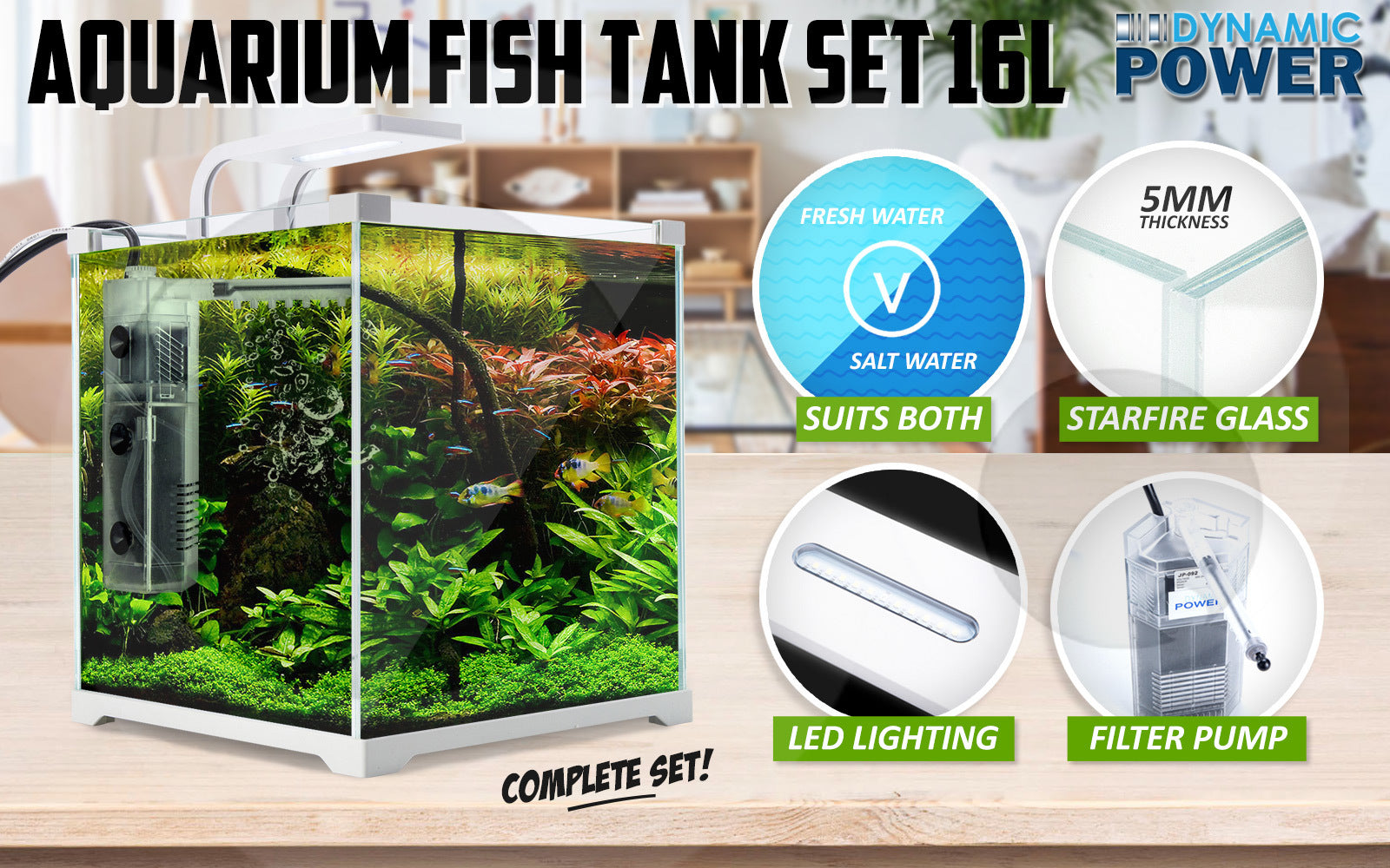 Aquarium Starfire Glass Fish Tank Set Filter Pump 16L - view 2