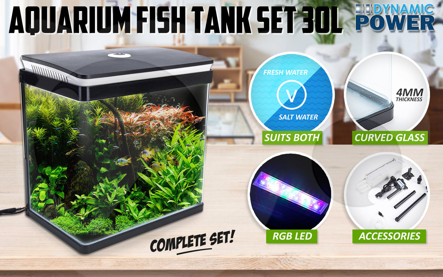 Aquarium Curved Glass RGB LED Fish Tank Set Filter Pump 30L - view 2