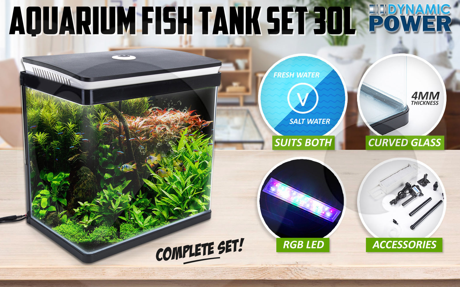 Aquarium Curved Glass RGB LED Fish Tank Set Filter Pump 30L - view 2