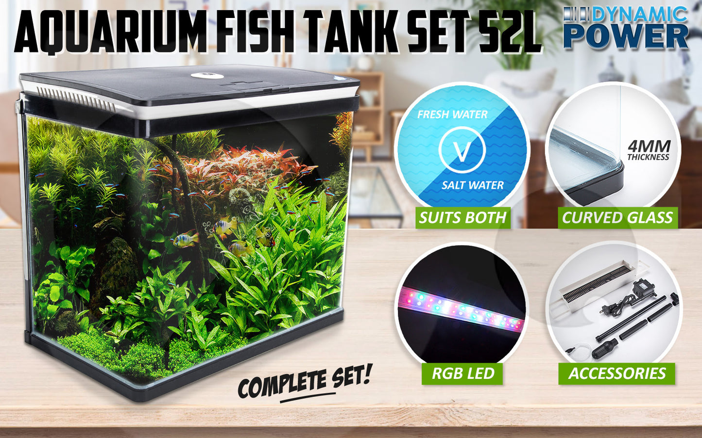 Aquarium Curved Glass RGB LED Fish Tank Set Filter Pump 52L - view 2