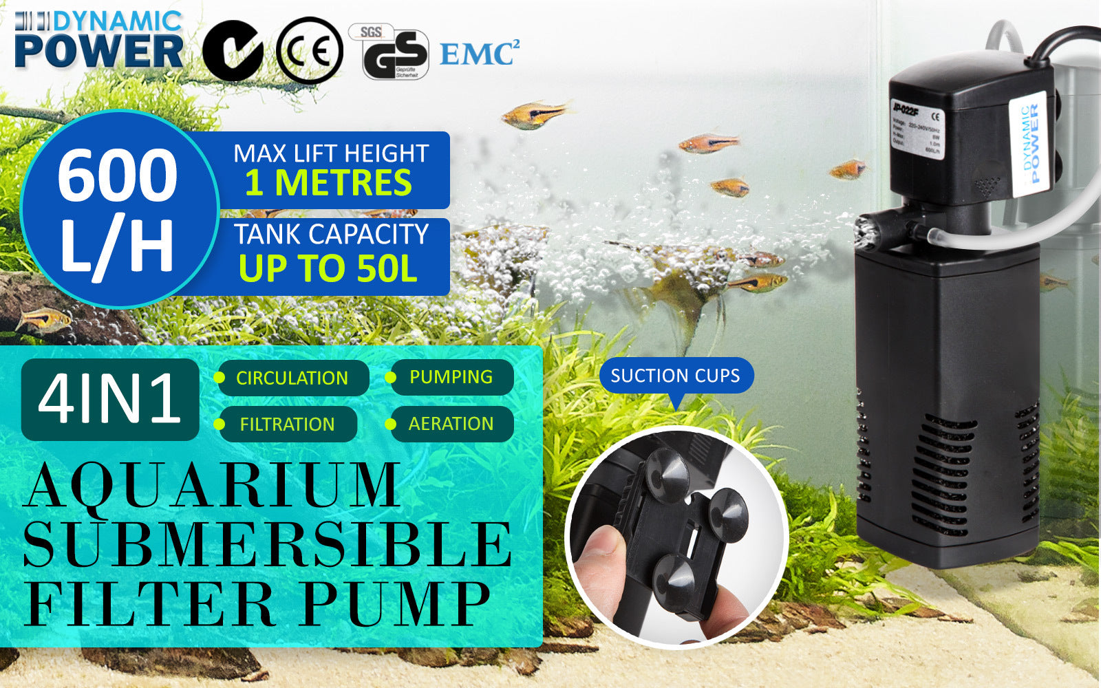 Aquarium Submersible Filter Pond Pump 600L/H 8W 1m - view 2