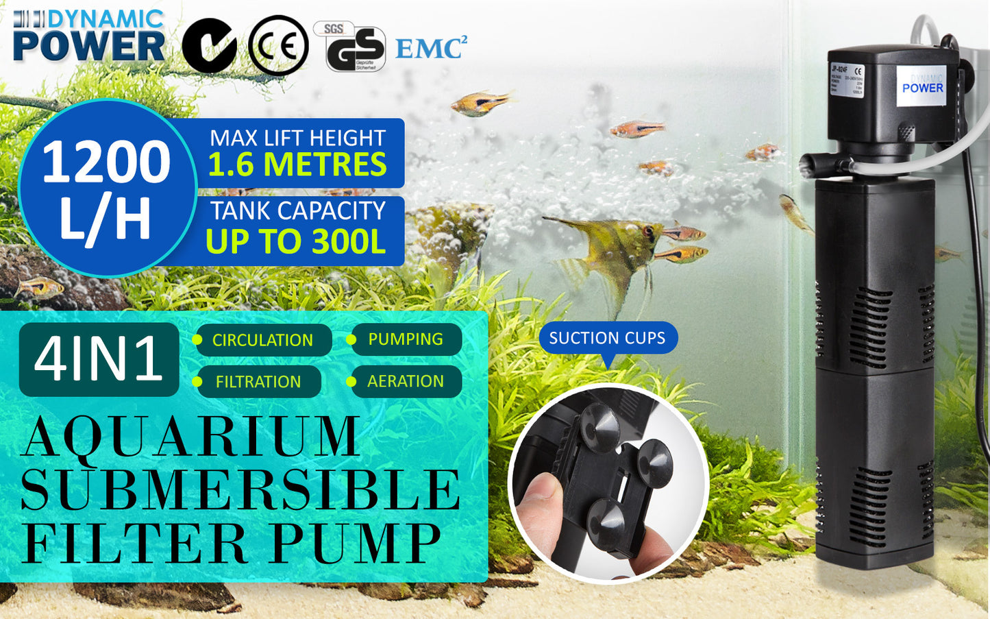 Aquarium Submersible Filter Pond Pump 1200L/H 22W 1.6m - view 2