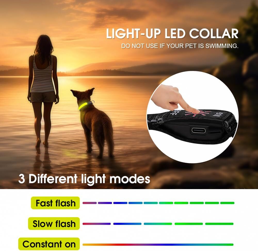 LED Dog Cat Collar USB Rechargeable Nylon Glow Flashing Light Up Safety Puppy - view 7