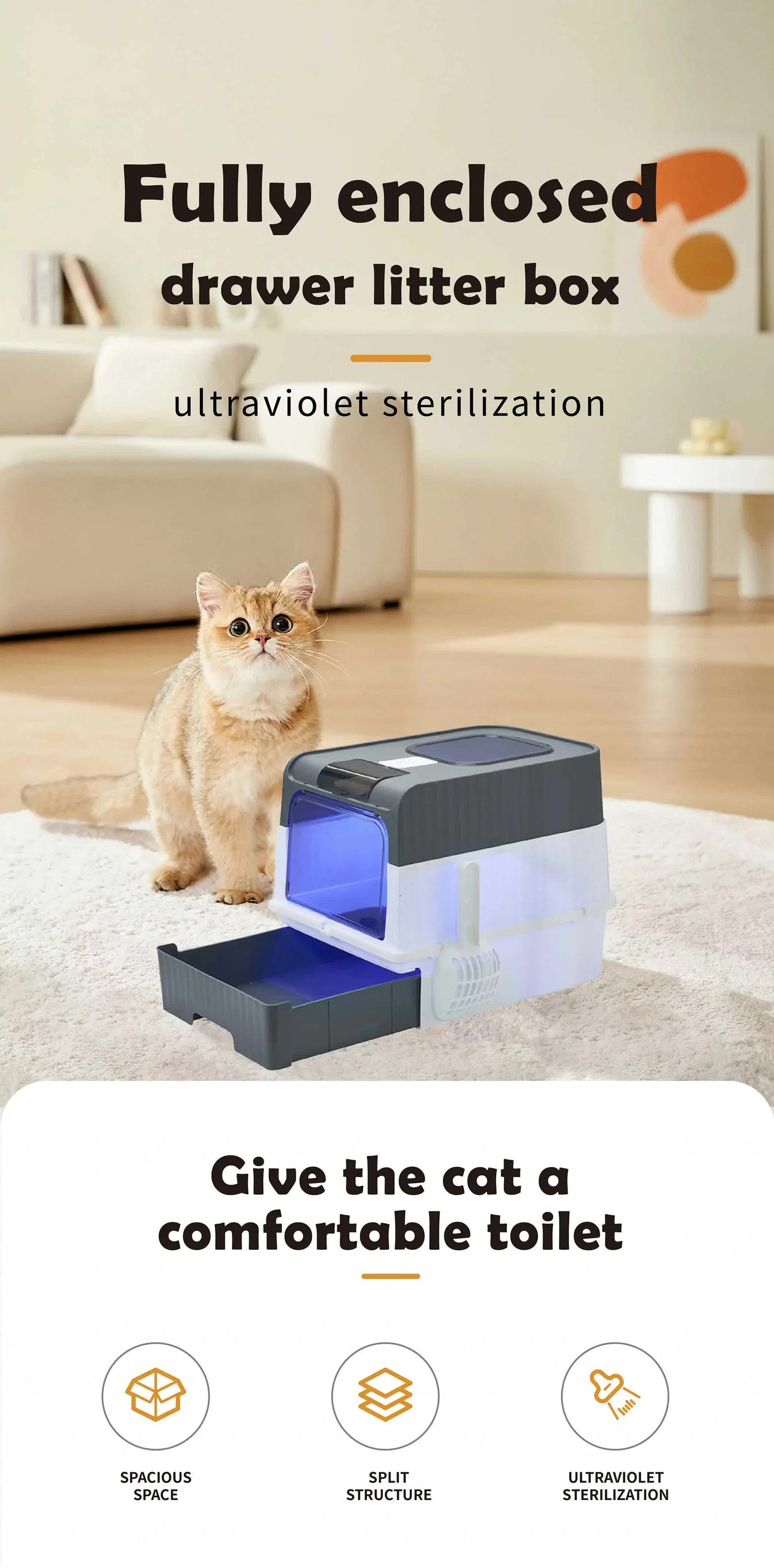 Automatic UV Sterilizing Cat Litter Box -Enclosed Design, Odor Control, and UV Germicidal Technology - view 2