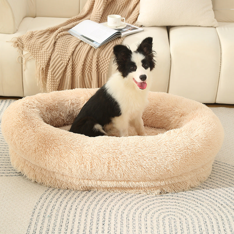 Fluffy Donut-Shaped Pet Bed- Soft, Cozy, and Anti-Anxiety for Dogs and Cats, Machine Washable Light Brown Size:L 90x65x20cm