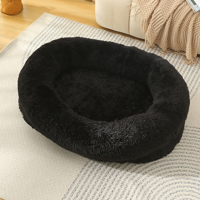 Fluffy Donut-Shaped Pet Bed- Soft, Cozy, and Anti-Anxiety for Dogs and Cats, Machine Washable Black Size:M 75x55x18cm