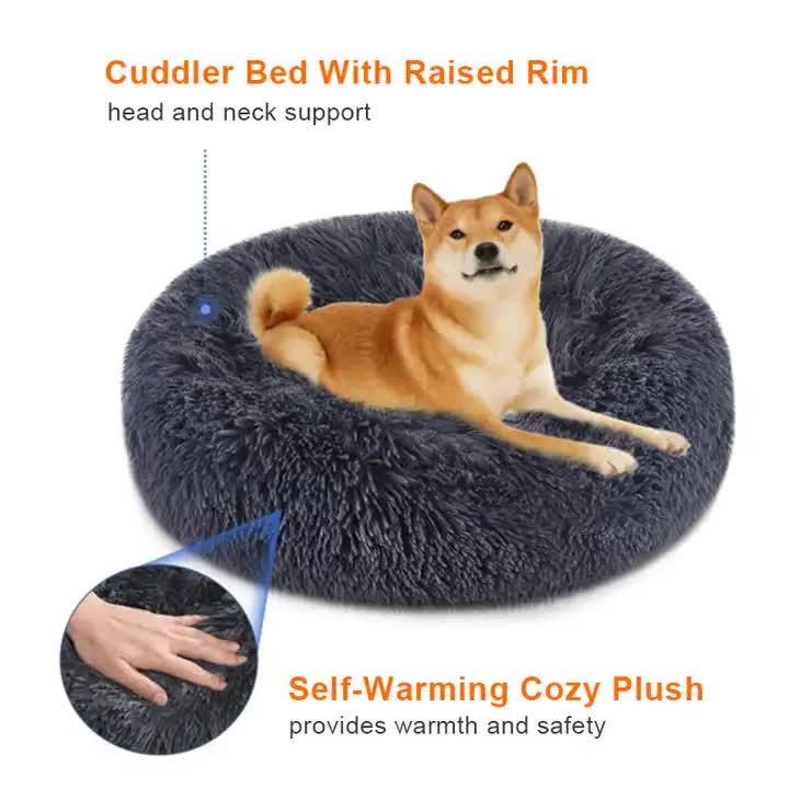 Calming Donut Pet Bed -Soft Faux Fur, Anti-Anxiety Fluffy Round Bed for Cats and Small Dogs (Beige Brown)50cm - view 2
