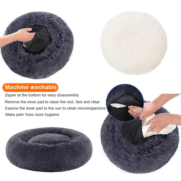 Calming Donut Pet Bed -Soft Faux Fur, Anti-Anxiety Fluffy Round Bed for Cats and Small Dogs (Beige Brown)50cm - view 3