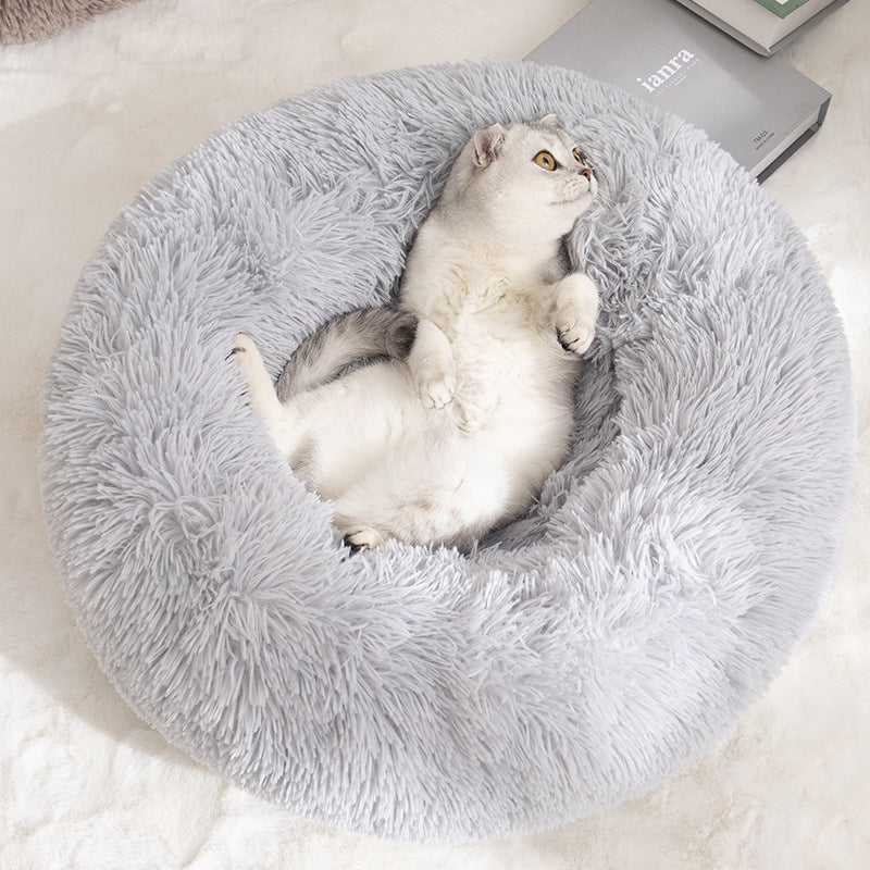 Calming Donut Pet Bed -Soft Faux Fur, Anti-Anxiety Fluffy Round Bed for Cats and Small Dogs (Beige Brown)50cm - view 5