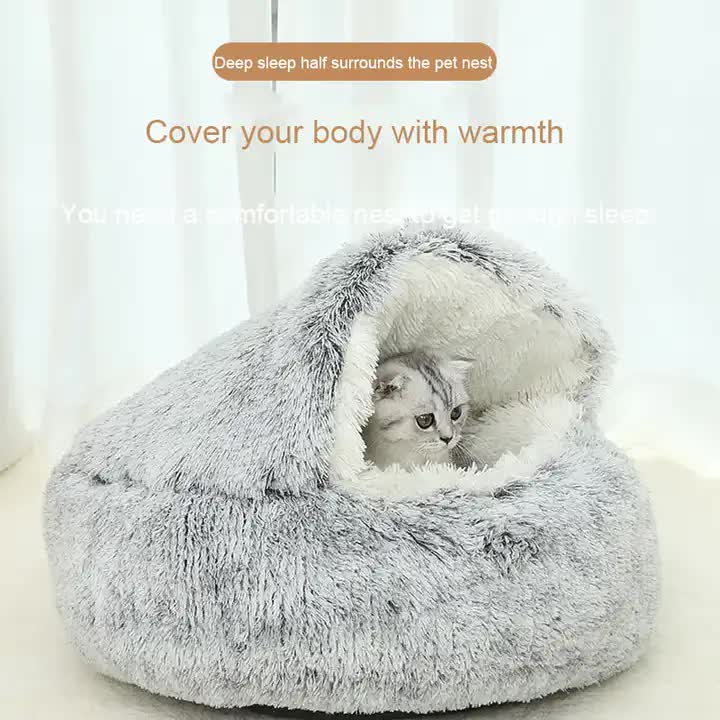 Cozy Gray Plush Hooded Pet Bed - Ultra Soft Long Fur Cave Bed for Small Pets 40cm - view 2