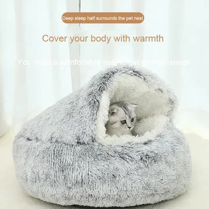 Cozy Gray Plush Hooded Pet Bed - Ultra Soft Long Fur Cave Bed for Small Pets 40cm - view 2
