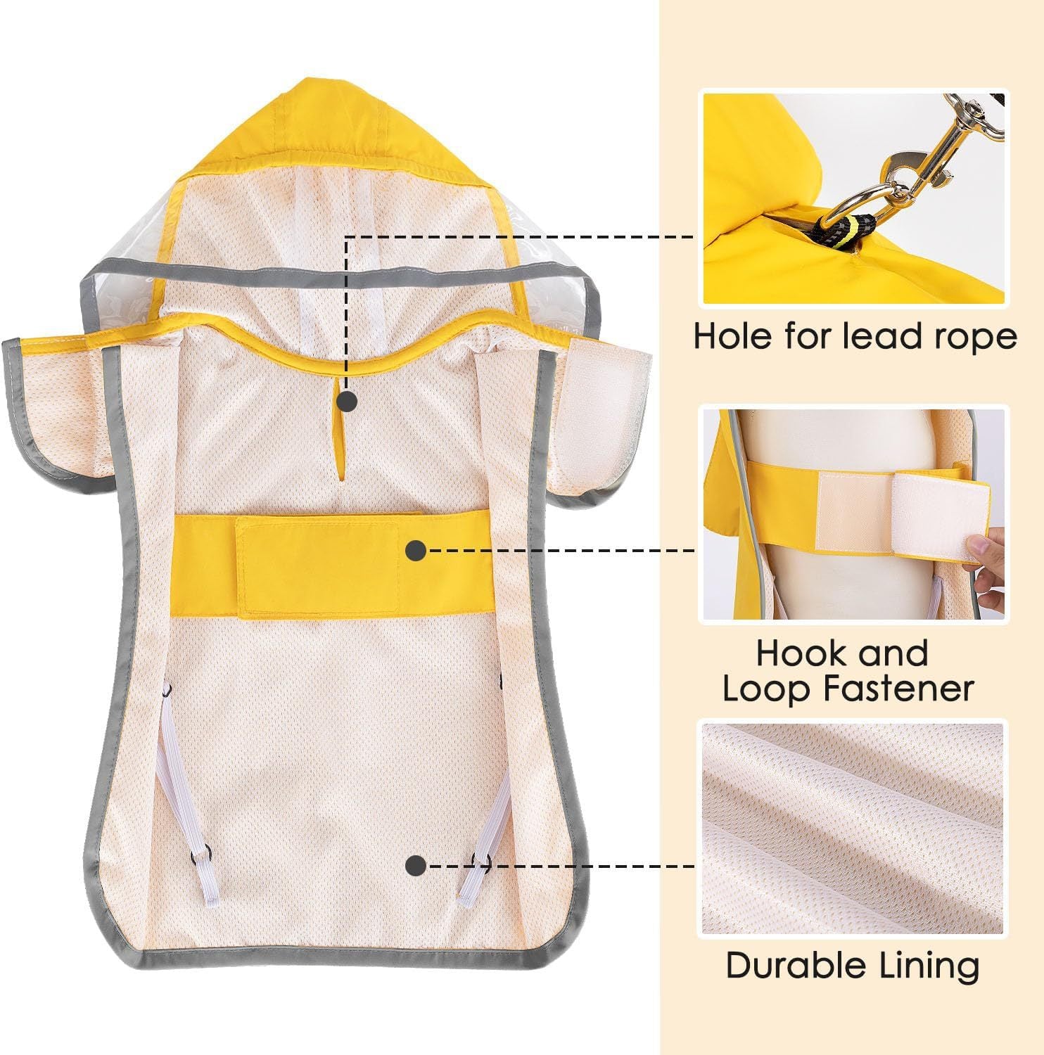 S Yellow Reflective Adjustable Pet Raincoat with Hood - Waterproof Dog Jacket, Adjustable Dog Poncho for Outdoor Protection - view 6