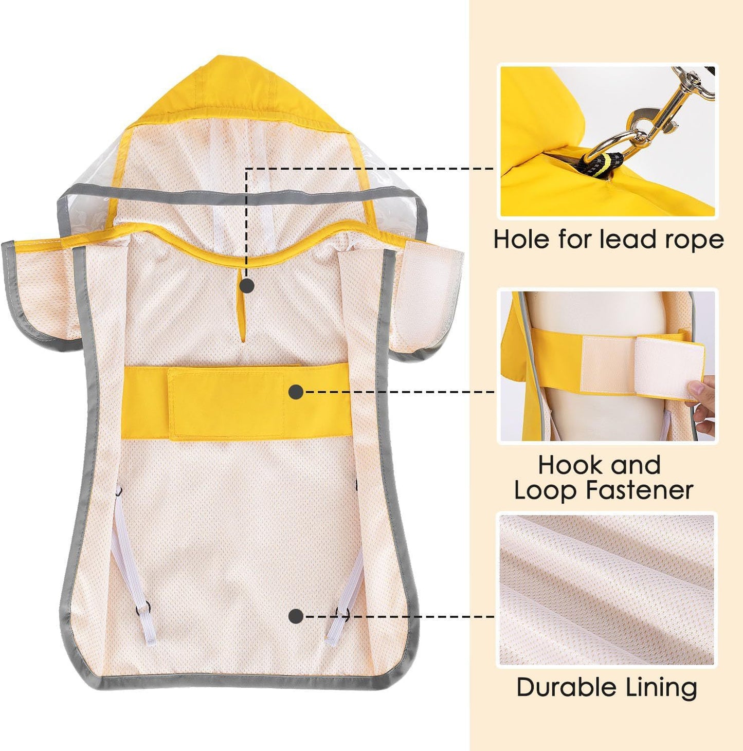 L Yellow Reflective Adjustable Pet Raincoat with Hood - Waterproof Dog Jacket, Adjustable Dog Poncho for Outdoor Protection - view 6