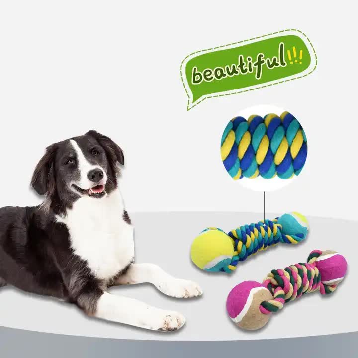 2 PCS Yellow Durable Cotton Rope and Tennis Ball Dog Toy Set - Chew Resistant Tug Toys with Rope Dumbbell - Perfect for Dogs of All Sizes - view 2