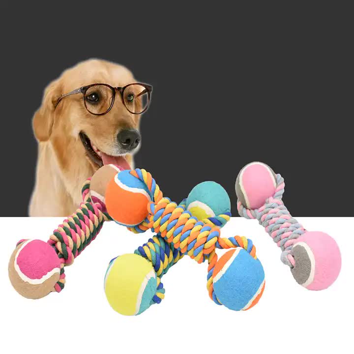 2 PCS Yellow Durable Cotton Rope and Tennis Ball Dog Toy Set - Chew Resistant Tug Toys with Rope Dumbbell - Perfect for Dogs of All Sizes - view 3
