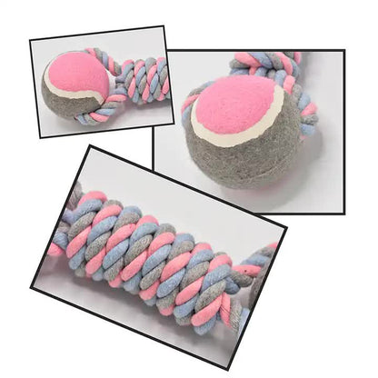 2 PCS Yellow Durable Cotton Rope and Tennis Ball Dog Toy Set - Chew Resistant Tug Toys with Rope Dumbbell - Perfect for Dogs of All Sizes - view 4