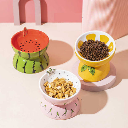 Ceramic Elevated Pet Food Bowl - Cute Pitaya Pattern Design for Cats and Small Dogs - view 2