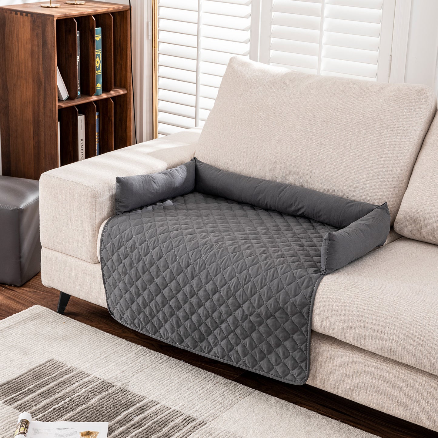 75x75CM Grey Waterproof & Scratch-Resistant Pet Sofa Protector Mat with Pillow | Cat & Dog Bed, Washable, All-Season