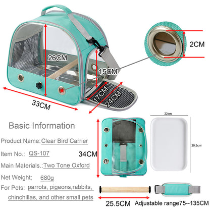 Green Portable Clear View Bird Carrier Travel Cage with Perch & Tray - Breathable Pet Bag for Parrots, Cockatiels & Small Animals - view 2