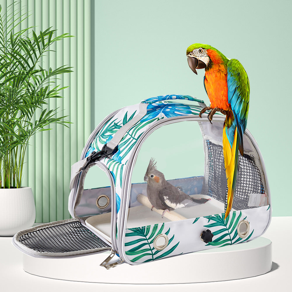 Stylish Leaf Print Clear View Bird Carrier - Portable Travel Cage with Perch & Tray for Parrots, Cockatiels & Small Pets - view 4