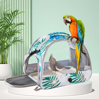 Stylish Leaf Print Clear View Bird Carrier - Portable Travel Cage with Perch & Tray for Parrots, Cockatiels & Small Pets - view 4