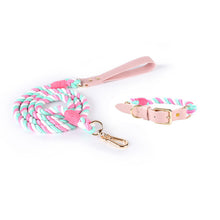 Pink Hand-Woven Rainbow Cotton Rope Dog Leash and Collar Set - Adjustable Veg-Tanned Leather Trim with Heavy Duty Metal Hardware - 150cm Training Lead and S Size Collar