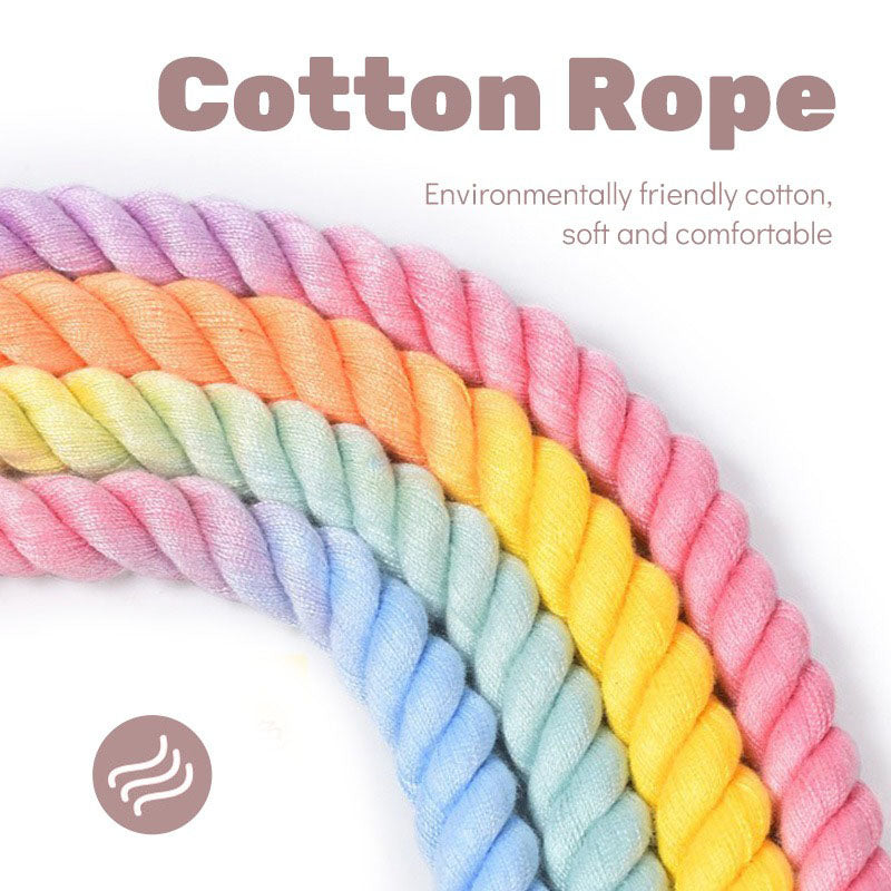 Sky Blue Hand-Woven Rainbow Cotton Rope Dog Leash and Collar Set - Adjustable Veg-Tanned Leather Trim with Heavy Duty Metal Hardware - 150cm Training Lead and S Size Collar - view 5