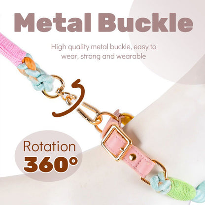 Light pink Hand-Woven Rainbow Cotton Rope Dog Leash and Collar Set - Adjustable Veg-Tanned Leather Trim with Heavy Duty Metal Hardware - 150cm Training Lead and S Size Collar - view 4
