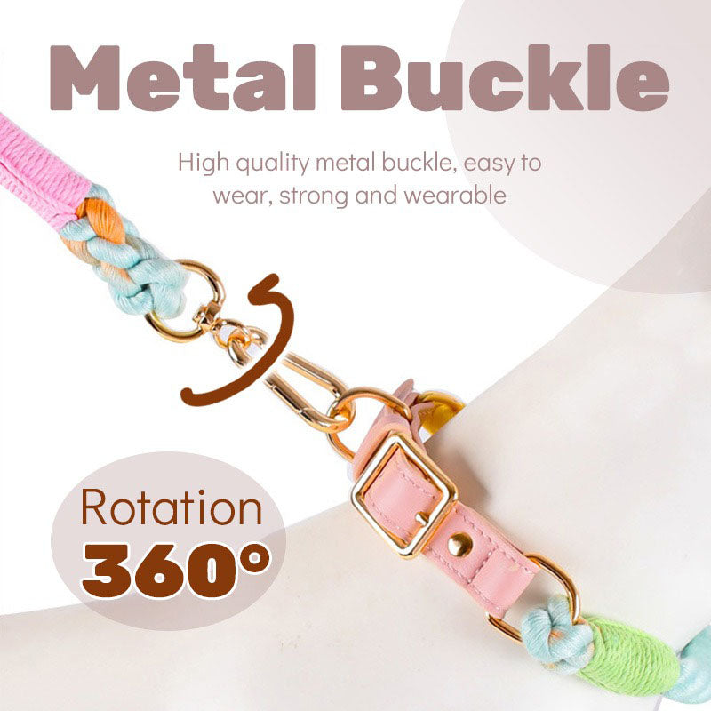 Green Hand-Woven Rainbow Cotton Rope Dog Leash and Collar Set - Adjustable Veg-Tanned Leather Trim with Heavy Duty Metal Hardware - 150cm Training Lead and M Size Collar - view 4